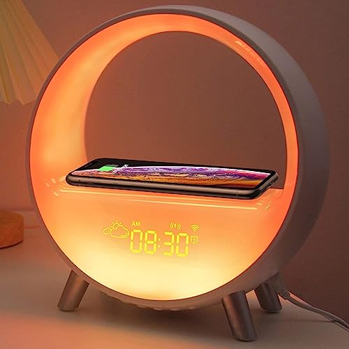 Reloj despertador inteligente con simulación de amanecer y carga inalámbrica, lámpara rítmica, modo de repetición, 9 modos de luz y 7 sonidos naturales - Luz nocturna con altavoz Bluetooth