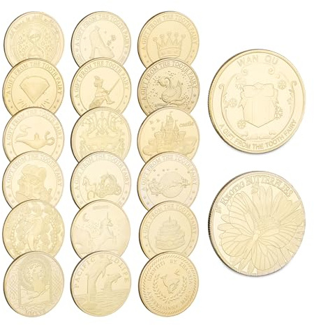 Relaxdays Gyllene tandfe-mynt, 20-pack, sagadesign, leksaksmynt, fantastisk present till barn (guld)