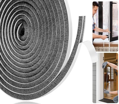 Joaercs Brush Door Draft Excluder Tape, Draught Excluder for Windows, 5Meters(L) x 9mm(W) x 5mm(T) Self-Adhesive Seal Strip, Stop Draft for Doors, Window, Wardrobe, Grey