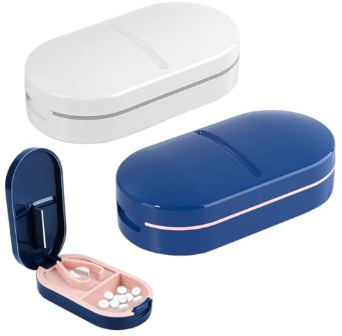 2 x Portapillole Giornaliero in plastica con scomparti Contenitore, Taglia in 2 o 4 con Vano Portaoggetti,Strumento di Precisione per Viaggi e Uso Quotidiano, Bianco e blu
