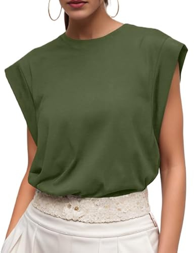 GRECERELLE Womens Cotton T-Shirt Summer Short Sleeve Pleated Fashion Elegant T-Shirt for UK Ladies Party Beach (Army Green, M)