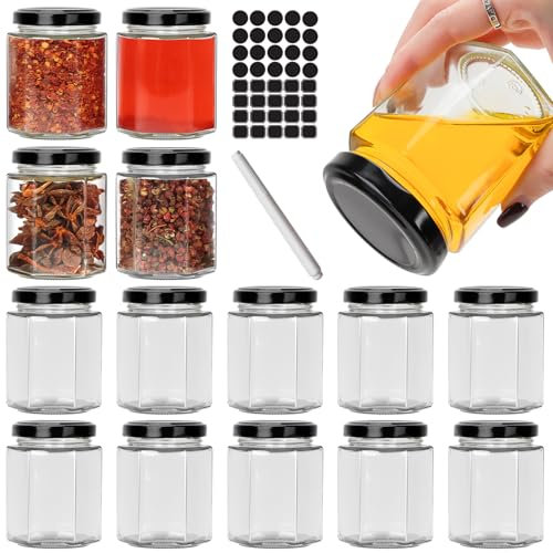 CulnCraz 180 ml sechseckige Gläser mit schwarzem Deckel, 15 Pack 6 oz luftdicht Einmachgläser, Lebensmittel Lagerung Gläser für Gewürz, Marmelade, Honig, Joghurt, Babynahrung, mit 40 Aufkleber und1 St