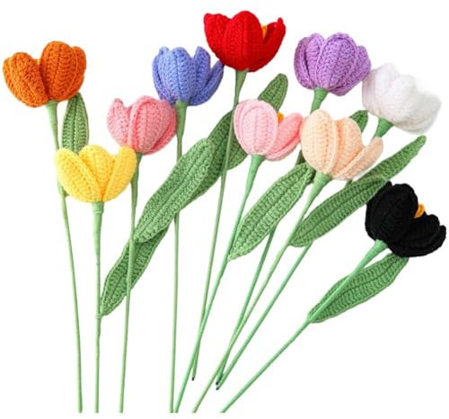 Luxylei 10 Pezzi di Tulipani Fiori Artificiali Tulipani all'Uncinetto Bouquet di Fiori Finiti Mazzi Lavorati a Maglia Fatti a Mano con Regalo all'Uncinetto Decorazioni per L'home Office