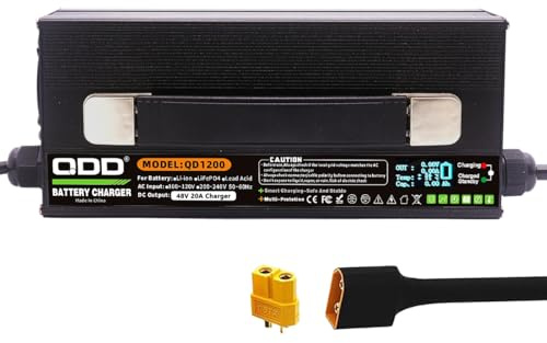 QDD Cargador de batería de plomo ácido de 48 V 20 A, seguro y duradero, con ventilador de refrigeración, adecuado para batería de plomo ácido de 48 V, cargador inteligente, salida CC, conector XT60