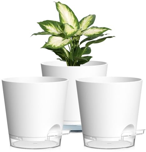 15cm Self Watering Plant Pots Indoor, 3 Pack Plastic Planters with Drainage Holes & Saucer, Ideal for All Indoor Outdoor House Plants(White With Transparent Drainage)