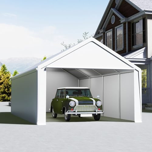UISEBRT tältgarage 4 x 8 m – carport, garagetält och förvaringstält i ett – skydd och piltält med robust PE-presenning, stålram, tak- och markförstärkning – väderbeständig för bil, SUV (vit)