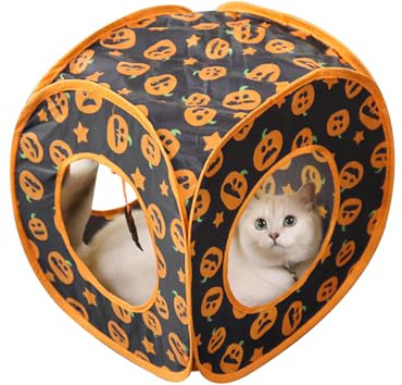 Andiker Cat Pop Up Tent, 3 Holes Safe and Strong Cute Cat Tunnel Collapsible Easy to Carry Cat House for Indoor Cats Kittens Hiding Playing Training (Halloween Square)