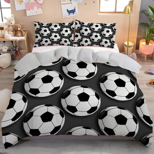 Juego De Ropa De Cama De Fútbol Minimalista Impresión 3D,Juego De Ropa De Cama De Diseño Simétrico 3 Piezas,Juego De Funda De Edredón De Microfibra con Cremallera 200X200Cm Blanco Y Negro