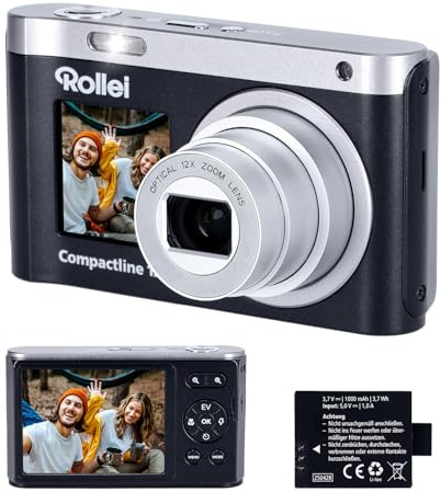 Rollei Compactline 12X Digitalkamera 64MP 4K Fotokamera 12X Optischer Zoom Vlogging Fotoapparat mit Dual Display Tragbare Kompaktkamera Teens Anfänger, Digital-Kamera-Fotoapparat-Camera-Digicam