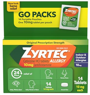Zyrtec 24 Hour Allergy Relief Tablets, Antihistamine Indoor & Outdoor Anti Allergy Medicine + Cetirizine HCl, Relief from Runny Nose, Sneezing, & Itchy Eyes, Single Packs, 14 x 1 ct Packets