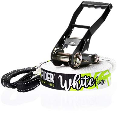 SPIDER SLACKLINE SKS01 - Slackline Kit White line - Workout und Gleichgewichtstraining, Walk & Freestyle - Ratsche, Umhängetasche - Maximale Tragkraft für Erfahrene Slackliner - Länge 15 Meter