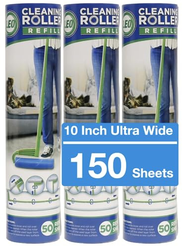 Leo 10-Inch Wide Lint Roller Refills, 3 Rolls with 50 Sheets Each (150 Sheets Total), Extra Sticky Pet Hair Remover for Carpet & Furniture