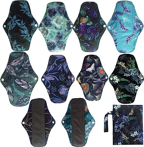 10PCS 10 Inch Charcoal Bamboo Cloth Reusable Washable Menstrual Pads Sanitary Pads+1 Wet Bag (NCM-M10-01)