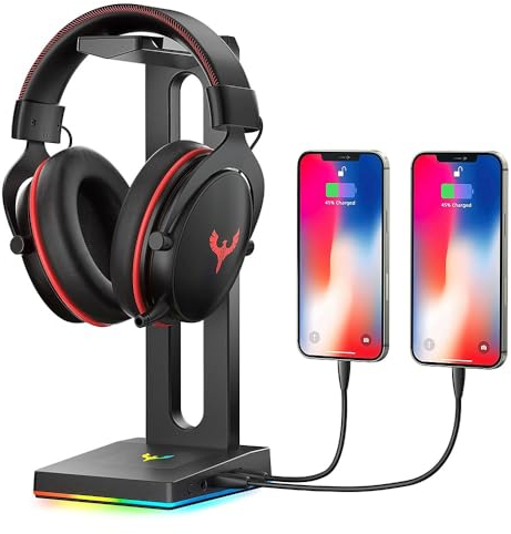 Blade Hawks RGB con AUX de 3,5 mm y 2 Cargador USB Soporte para Auriculares de Escritorio, válido para Auriculares Sony, Audio-Technica, Bose, Beats, Solo se Puede Usar en la PC