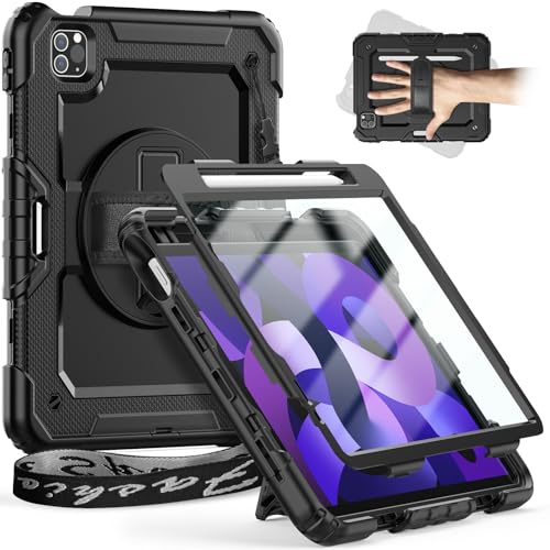 Timecity Case ONLY For iPad Air 5th Generation 2022/ iPad Air 4th Generation 2020, iPad air 10.9 inch case, Sturdy Protection Case with Screen Protector [360 Rotating Stand] Hand Strap,Black