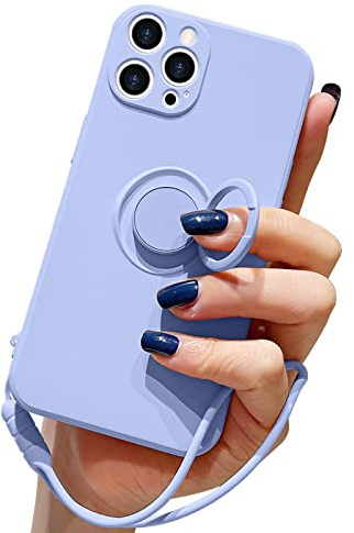 Pepmune Compatible with iPhone 12 Pro Max Case Liquid Silicone with Ring Holder Kickstand Magnetic Car Mount Detachable Wrist Strap Shockproof Soft Protective Cover-Purple