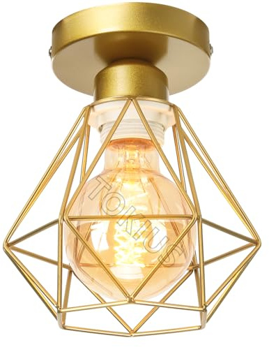 TOKIUS E27 Plafonnier Industriel Suspension Luminaire Vintage Design Lustre Métal Rétro forme Cage Ø160mm éclairage plafond 40W, Doré (1pcs)