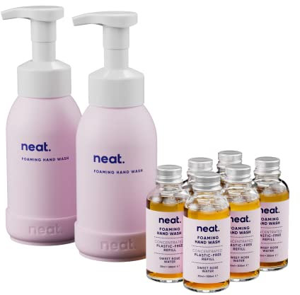 NEAT Foaming Hand Wash Refill Bundle 2 Refillable Aluminium Hand Wash Bottles and 6 Concentrated Plastic-Free Refills (Sweet Rose Water), 30 millilitre
