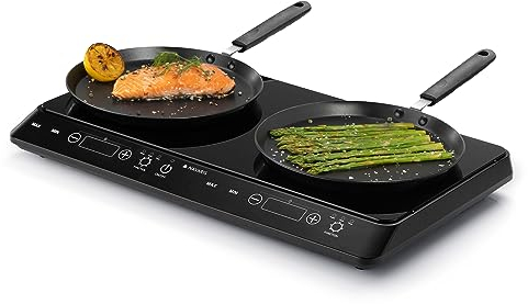 Navaris Placa Induccion Portatil 2 Fuegos - 3500 W - Placas Vitrocerámica Doble con Detección de Ollas - con Temporizador Control táctil de Temperatura y Pantalla - Cable 1,5 m