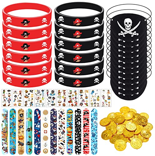 JOKILY 70 Stück Piraten Party Mitgebsel, Piraten Kindergeburtstag Mitgebsel mit Silikonarmband Schnapparmband Piraten Augenklappe Piratenmünzen Tattoos, Piraten Kostüm Zubehör für Piraten Party