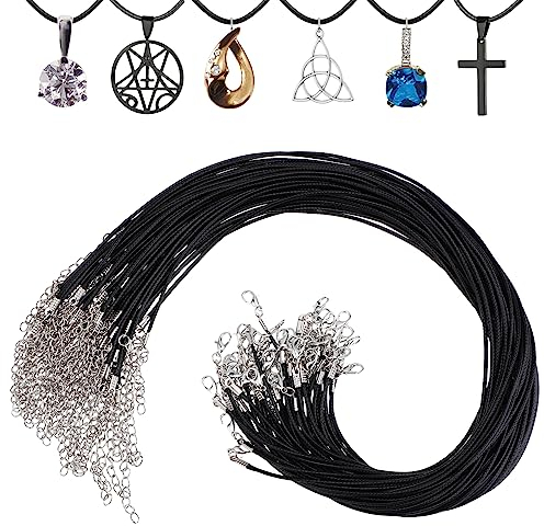 50 Pcs Black Necklace Cord Necklace String Rope with Clasp Waxed Leather Necklace Cord for Charms Pendants Jewelry Making, 18 Inch