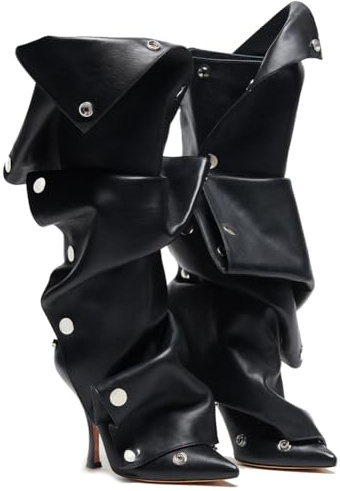 VOMIRA Women's Knee High Boots Stiletto Boots Pointed Toe High Heels Wide Calf Ruched Slouchy Boots Detachable Snap-off Panel Mid Calf Boots Black Boots