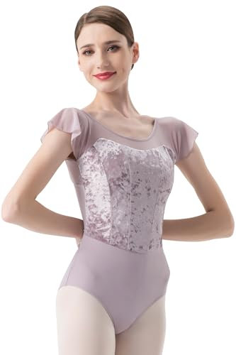 flexdans Damen Ballettanzug, Ballett Trikot Ballettbody Tanz Body Gymnastikanzug Trikot Kurzarm Bodysuit für Erwachsene (D037-Lila-L)