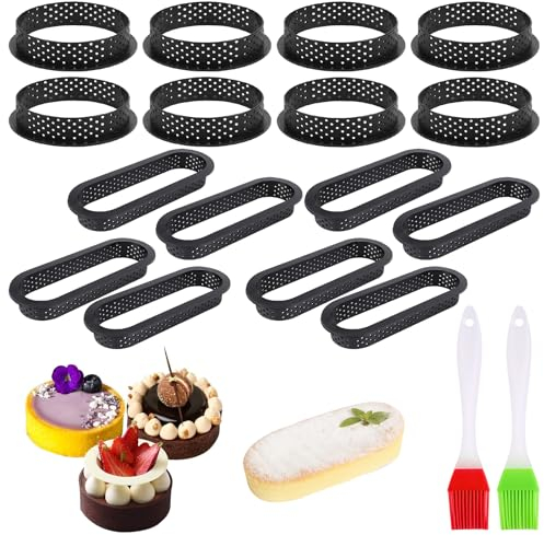 SPORWAY 16 pirottini per torta, perforati, mini pirottini per tartellette, fai da te, mousse per torte, rotondi, antiaderenti, piccoli anelli per torte con 2 pennelli per famiglie, ristoranti,