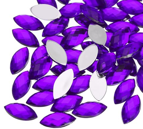 QUARKZMAN 50 Piezas de Gemas de Acrílico con Dorso Plano de 7mm x 15mm en Forma de Ojo de Caballo, Piedras Preciosas Artificiales para Manualidades, Pintura Facial, Morado