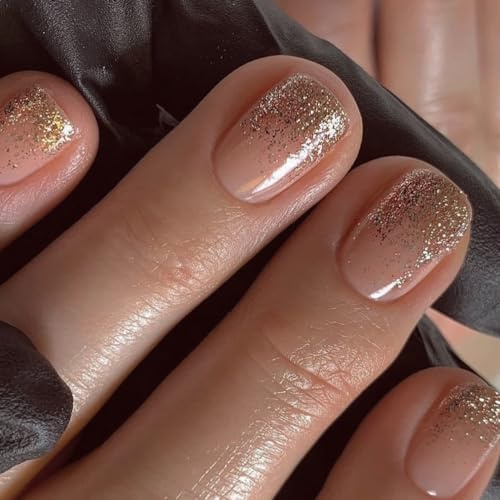 Glitter False Nails, Press on Nails Short Square, Acrylic Golden Glitter Tip Stick, 24pcs False Nails with Glue Elegant Fake Nails for Women Girls (Gold Tip)