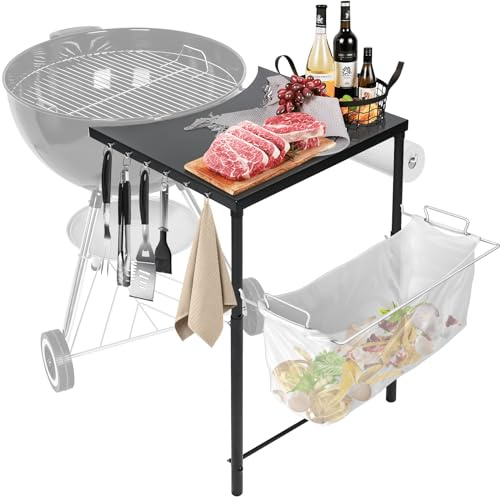 Grill Work Table Stand for Weber 57cm& 67cm Kettle Grills, Side Table for 57cm Weber Master Touch, Smokey Mountain Grill, 67cm Kettle, Outdoor BBQ Table, Adjustable Leg, Powder Coated, Black