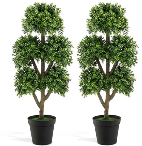 COSTWAY 115cm Artificial Boxwood Topiary Tree, 5 Ball Shaped Fake Plant in Cement-filled Pot, Faux Indoor Greenery Decorative Tree for Home, Office & Front Porch (2)