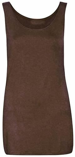 Womens Scoop Neck Sleeveless Ladies Long Stretch Plain Vest Strappy T-Shirt Top Brown 12-14