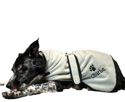 Personalised Dog Dressing Gown - Dog Drying Towel, Bath Robe, Custom Adjustable Dry Robe bathrobe for dogs, Grey Black Gift Medium
