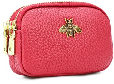 QIUTIMIY Kleine Damen-Geldbörse aus Leder für Bargeld, Mini-Geldbörse, doppelte Reißverschlusstasche mit Schlüsselanhänger (rot)