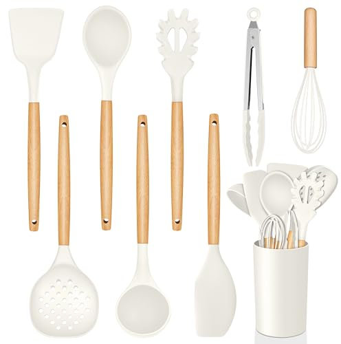 Homikit Set di Utensili da Cucina in Silicone, Utensili da Cucina in Silicone da 9 Pezzi con Manico in Legno, Utensili da Cucina Resistenti al Calore, Utensili da Cucina con portautensili, Bianco