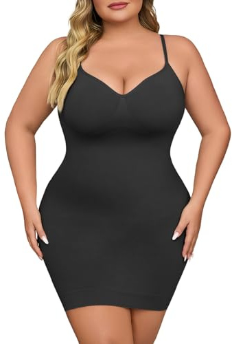 USEASY Shapewear Slip Dress for Women Under Dress Seamless Tummy Control Slip Dress Plus Size Smoothing Cami Dress Slips Black 3XL
