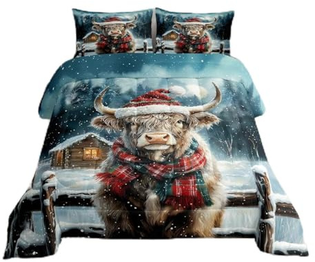Homewish Highland Cow Coverless Duvet Single Winter Christmas Bedding Set For Kids Boys Girls Adults,Xmas Rustic Farm Animal Duvet Set Farmhouse Cabin Quilt Duvet Bedroom Decor 2 Pcs, Microfiber