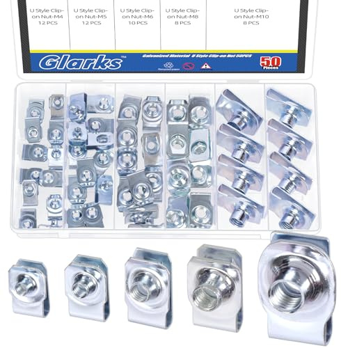 Glarks Juego de 50 tuercas de clip estilo U M4, M5, M6, M8, M10, acero al carbono, tuercas en U, tuercas en U, clips en U para motor, defensa, parachoques, salpicadero