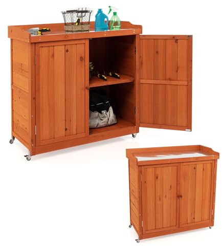GOPLUS Gartentisch mit Unterschrank, Pflanztisch mit Arbeitsplatte & abnehmbarem Regal, Gärtnertisch aus Tannenholz, Geräteschrank Gartenschrank mit 4 Rädern, 98,5 × 48 × 100 cm