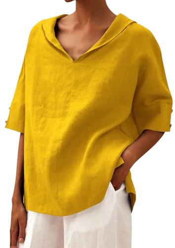 shownicer Femme Chic et Élégant Chemises en Coton et Lin Col V Chemisiers et Blouses Ete Manches Courtes Chemise Lin Tunique Tee Shirt A Jaune XXL