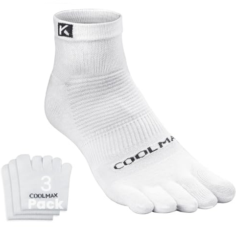 KWUKOTY Cushioned Compression Quarter Running Toe Socks COOLMAX, 3 Pairs White Men & Women Size 6-9