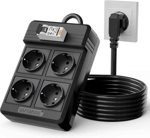 SAFEMORE Steckdosenleiste mit integriertem FI-Schutzschalter, 4-Fach RCD mit 16A/250V FI/LS-Schalter, FI-Steckdosenleiste 3680W mit 3m Verlängerungskabel und 30mA RCBO-Leistungsschalter (Schwarz)