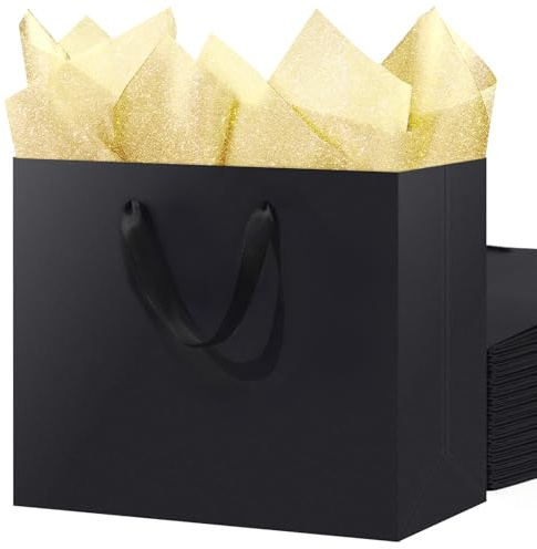 SHIPKEY 3 Pack Extra Large Black Gift Bags with Gold Tissue Paper, 40x15x30cm Kraft Paper Shopping Bags with Ribbon Handles for Birthday, Wedding, Party, and Holiday Gifts