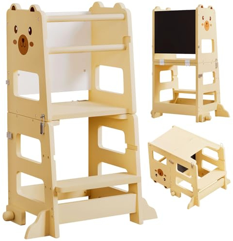 Yorbay Tour d'apprentissage pliable à partir de 1 an : tour d'apprentissage Montessori 2 en 1 pour enfants avec tableau – Marchepied transformable en table d'enfant – Chaise d'apprentissage – Pour