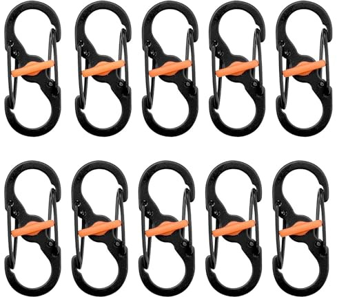 Begpoee 10 Stück S-Förmige Karabiner aus Edelstahl, Mini Karabiner, Karabinerhaken In S Förmige, Für Bergsteigen, Wandern und Reiten (Schwarz + Orange)