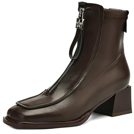 MiaZane Stivaletti Donna alla Caviglia Tacco Blocco Medio Punta Quadrata Cerniera Frontale Stivaletti Corti Casual per Autunno & Inverno Streetwear & Uscita Casual,Brown (Thick),39 EU