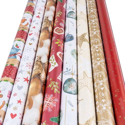 Uppsättning av 8 presentpapper 70 x 500 cm färgglad adventjul 5 m julpapper stjärnor snöflinga jul