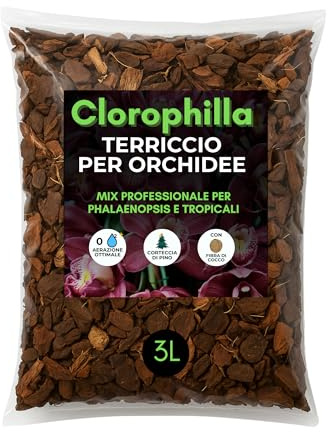CLOROPHILLA Terriccio per Orchidee 3L – Bark Premium di Pino + Fibra di Cocco – Substrato Drenante per Phalaenopsis, Cymbidium e Orchidee Tropicali – Mix Professionale per Rinvaso e Radici Sane