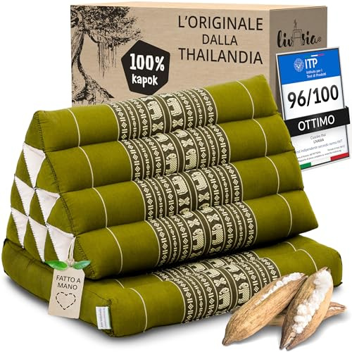 livasia cuscino thai 1 segmento - 75x50x8cm - triangolare per sedersi, cuneo kapok, cuscino per la schiena pieghevole, materassino thai, fatto a mano (Verde/Elefanti)